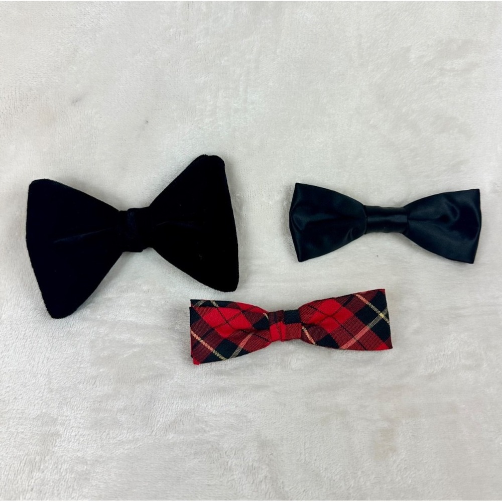 Vintage Ormond Black Velvet  Plaid  Satin Clip On Men's Bow Ties Set Of 3